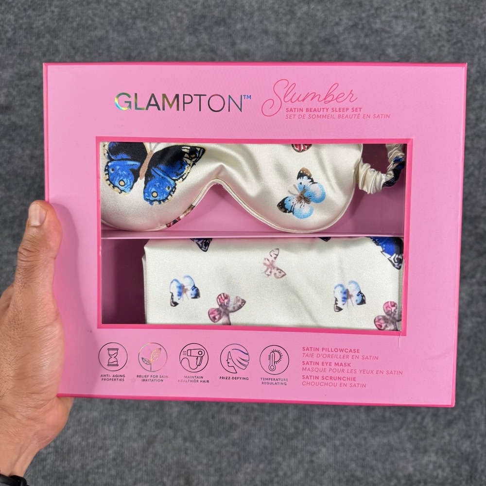 Glampton Slumber Sleep Set Womens OS Cream Butterfly Satin Pillowcase Eye Mask